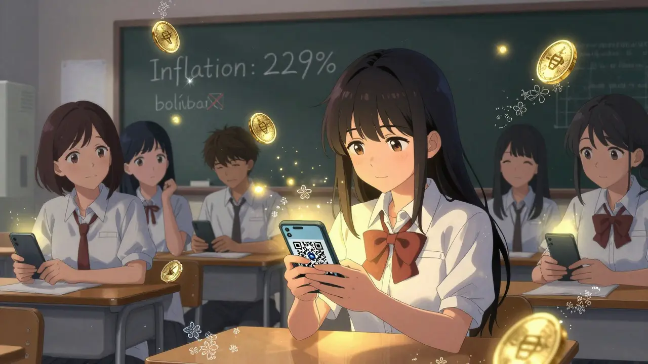 University students pay tuition with crypto in a classroom, bolívar symbols crossed out on a chalkboard behind them.