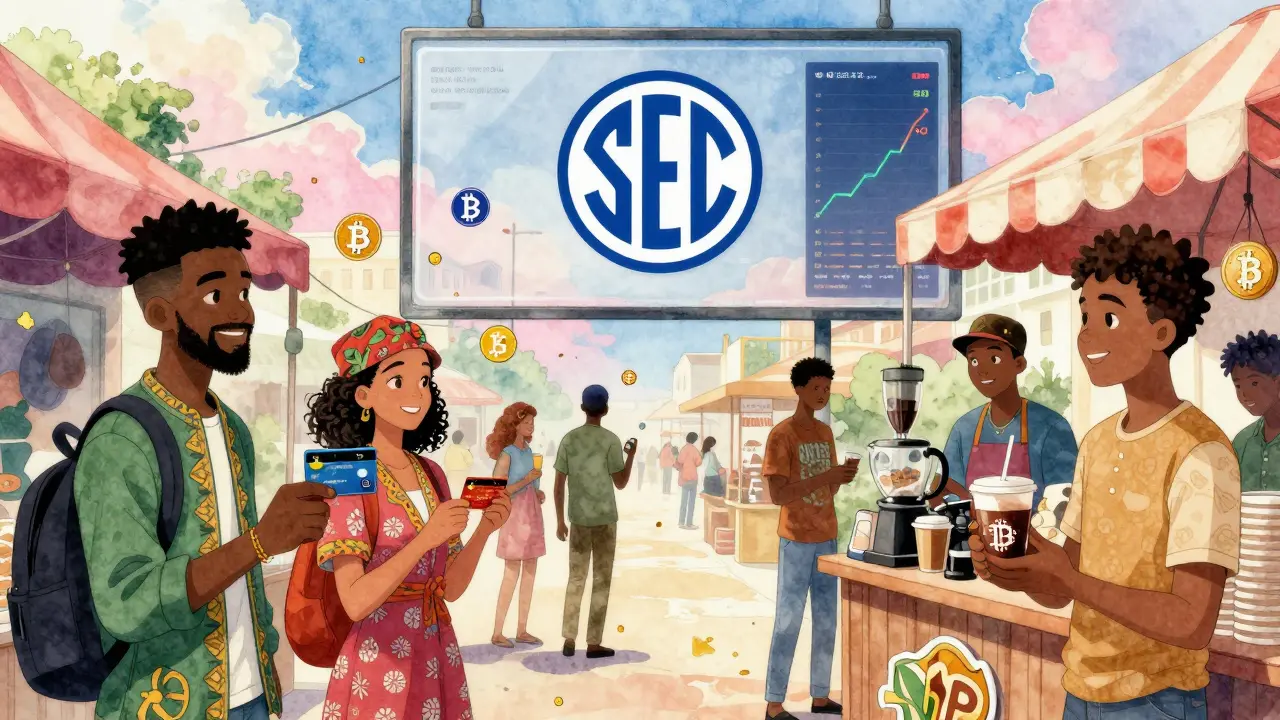 Young Nigerians using crypto debit cards to buy coffee in a vibrant, colorful marketplace.