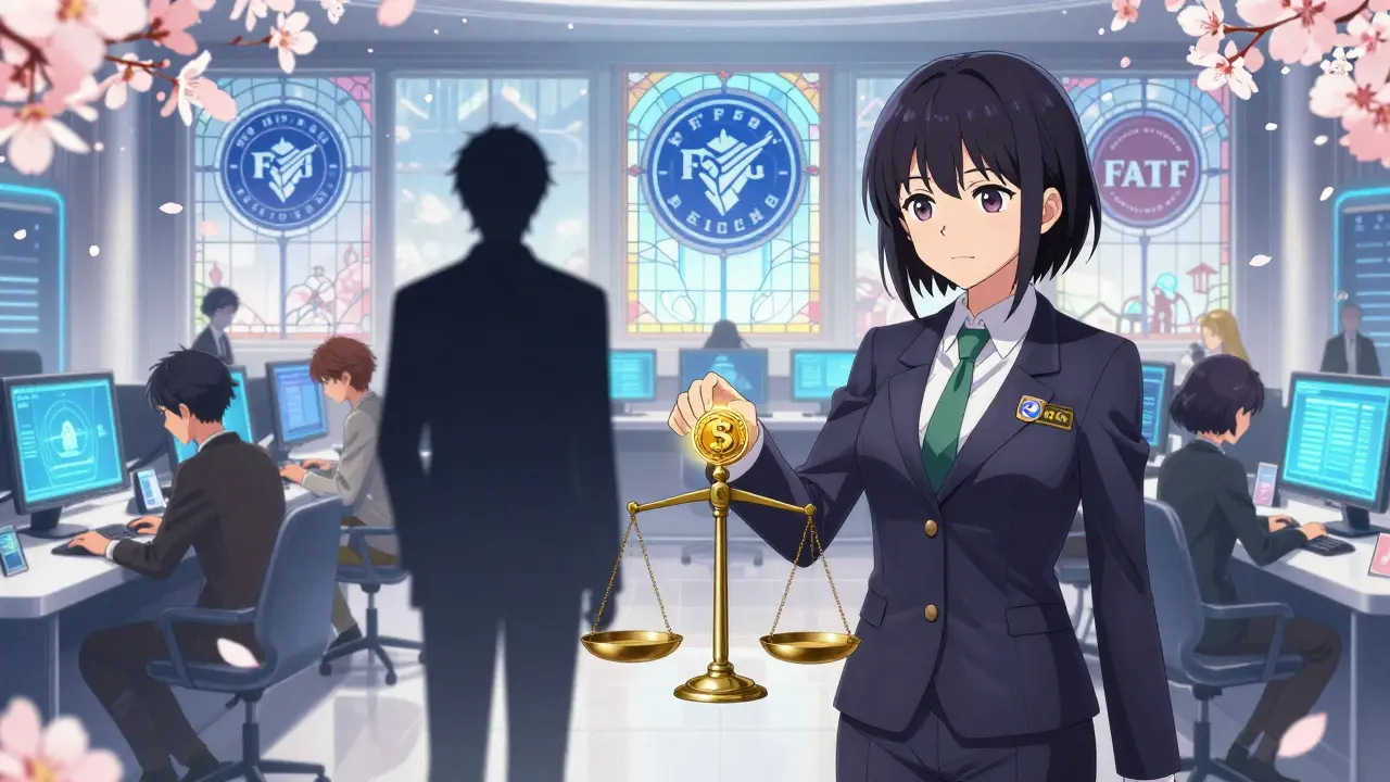 Young traders in a futuristic exchange hall as a regulator balances a stablecoin under cherry blossoms.