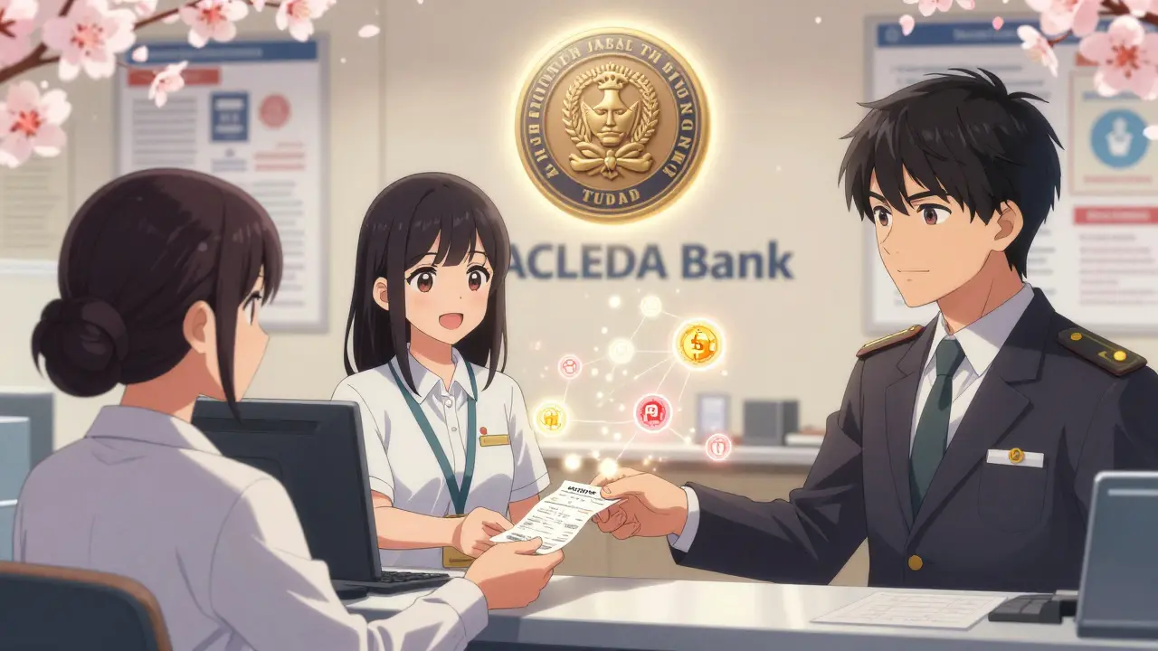 A bank teller helping a customer convert riel to USDT, with Bakong’s blockchain glowing softly in the background.