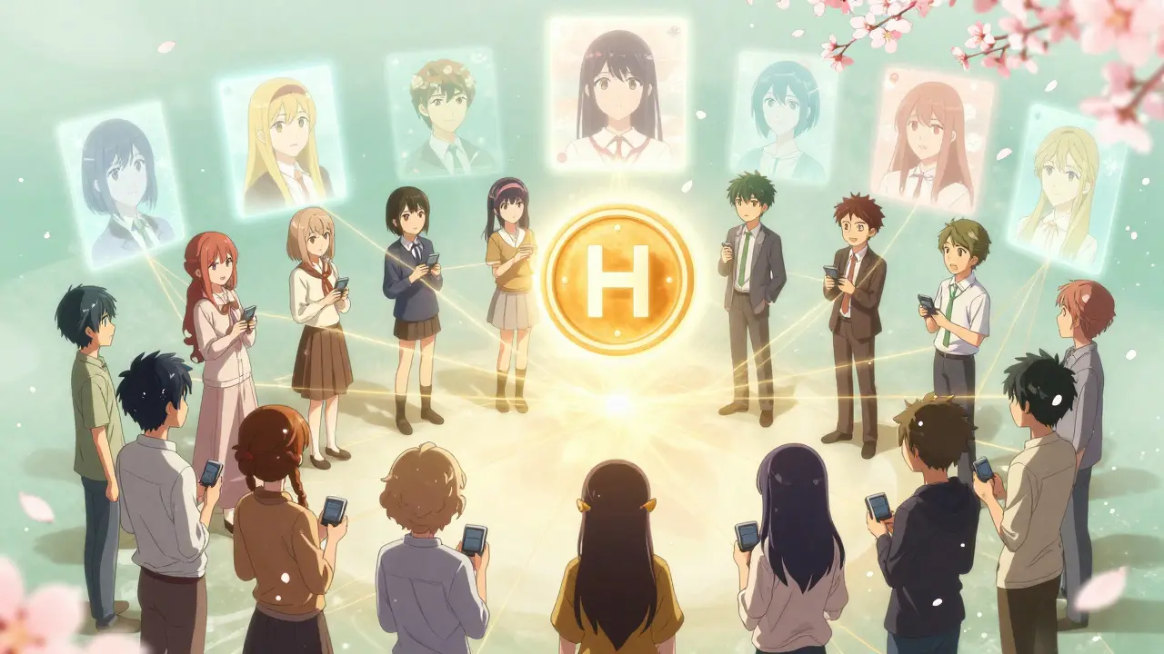 A diverse group of people connected by glowing digital avatars, with a central $H token radiating light.