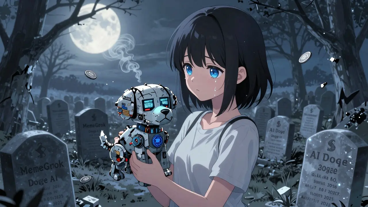 A girl holds a broken robot dog as a graveyard of dead AI meme coins glows under moonlight.
