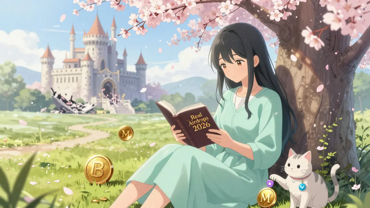 A girl in a park receiving real airdrop tokens like cherry blossoms, while Shambala crumbles in the distance.