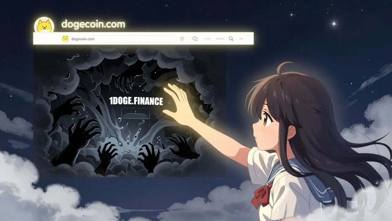 A girl is protected by the official Dogecoin website as a dark scam portal threatens her, glowing truth against chaotic shadows.