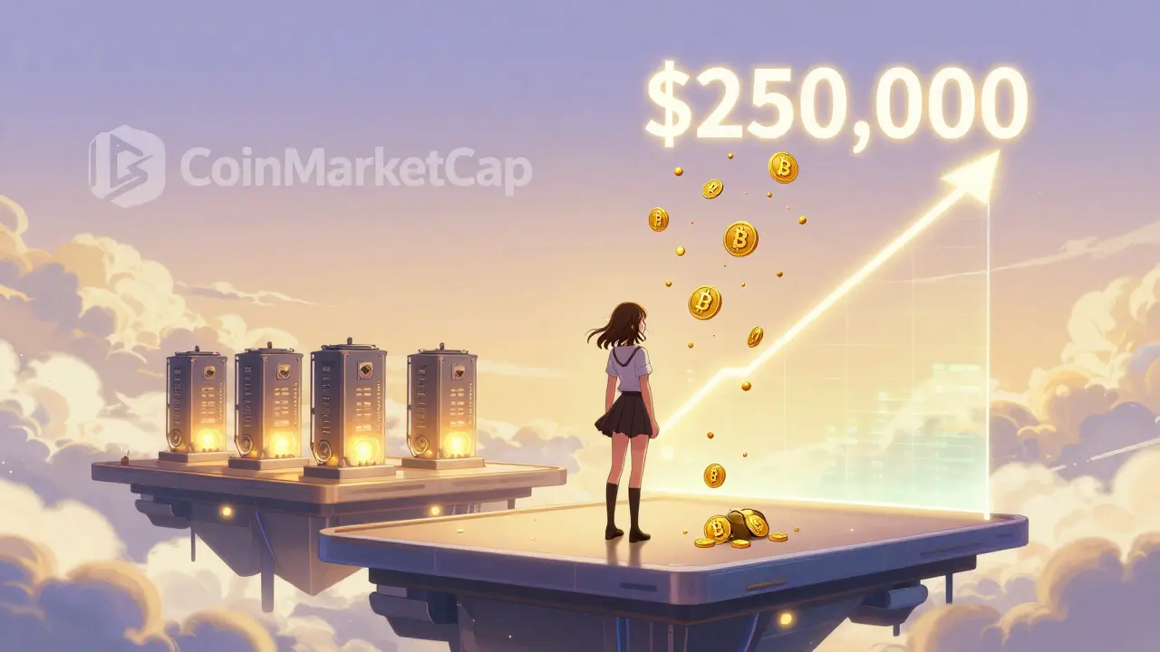 A girl receives golden Bitcoin airdrops as the price hits 0K, with NFT mining rigs glowing behind her in a peaceful digital landscape.