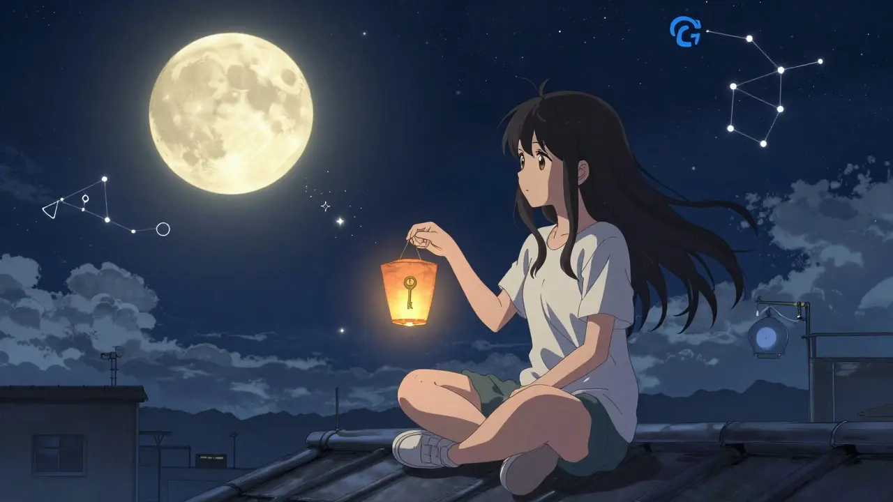 A girl releases a KEY token in a paper lantern into a starry sky shaped like crypto tracking logos, finding peace in letting go.