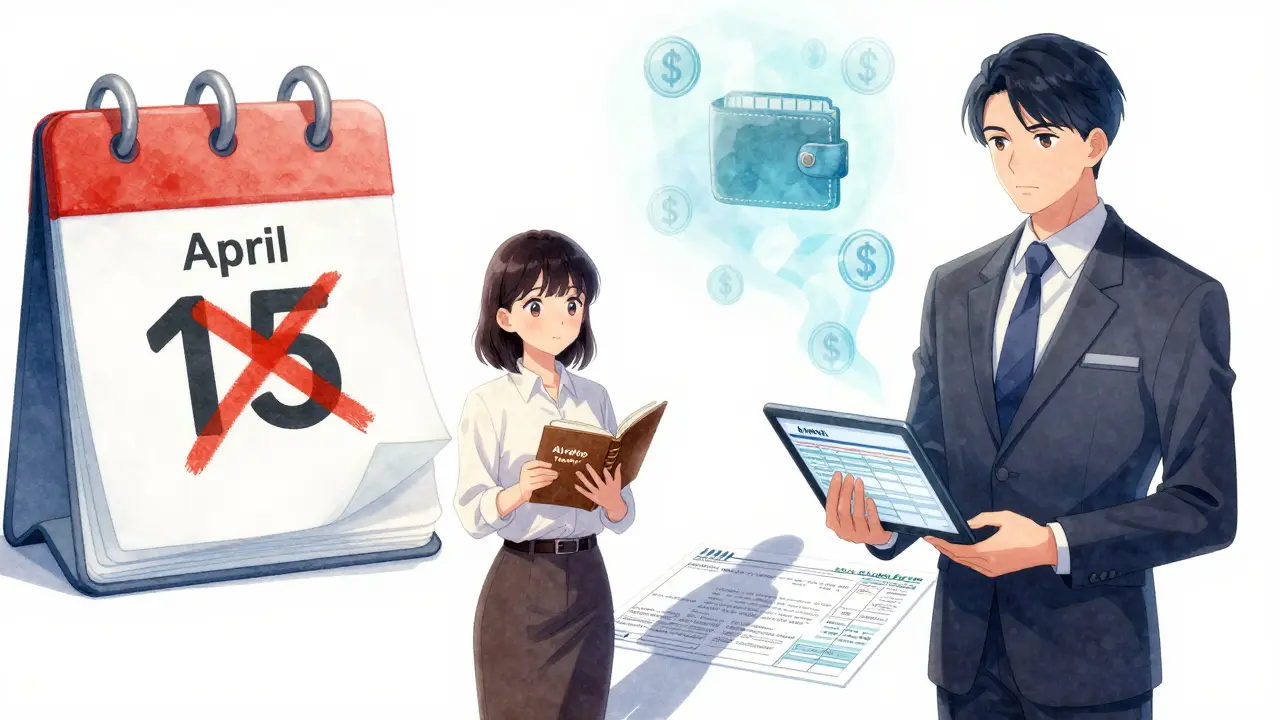 A girl stands between a tax officer and a calendar, ghostly crypto tokens rising behind her as she holds a tracker notebook.