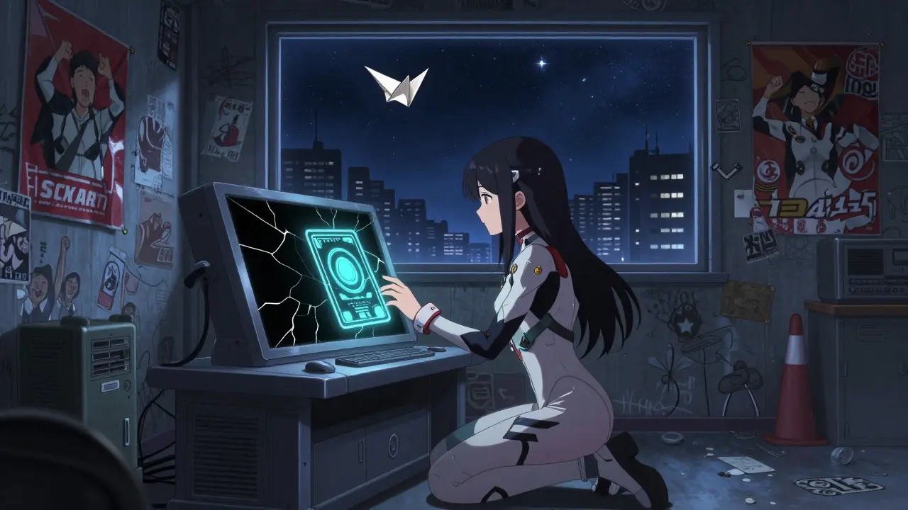 A girl touches a dormant NFT card as faded tournament banners surround her, a paper crane made from $KART drifts away.