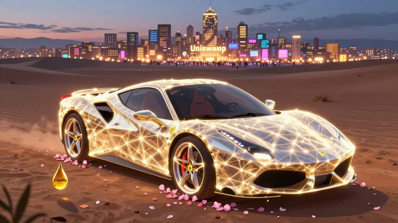 A glowing Ferrari with no fuel, parked beside a distant bustling crypto city at twilight.