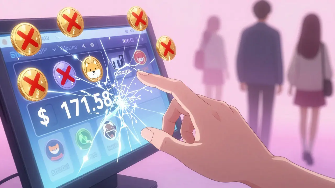 A hand reaching for a trading screen showing 1 volume, with faded meme coins marked X.