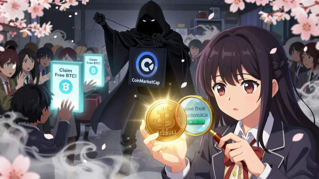 A scammer manipulates confused people with fake CoinMarketCap airdrops, while a girl uncovers the real $BTCBULL contract.