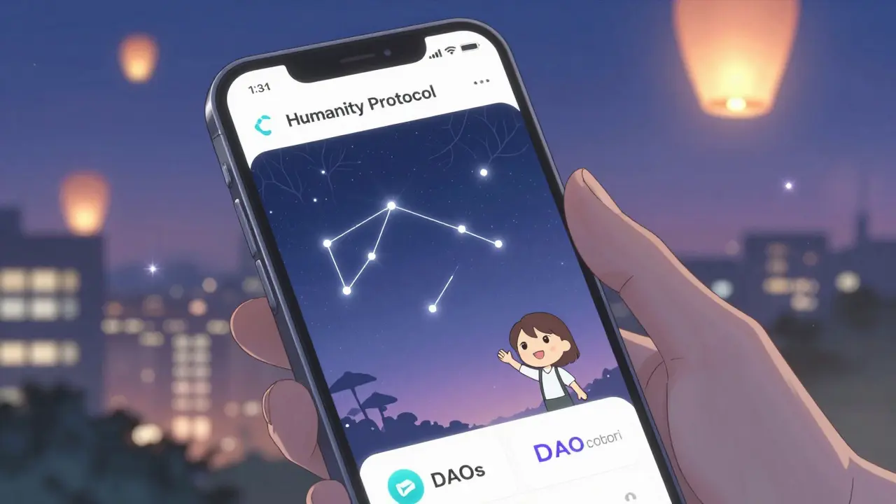 A smartphone screen showing a palm-vein constellation as a smiling digital avatar waves from within.