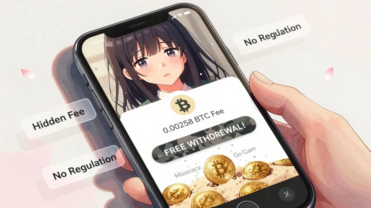 A tearful user discovers a hidden fee draining her cryptocurrency on a fake 'free withdrawal' screen.