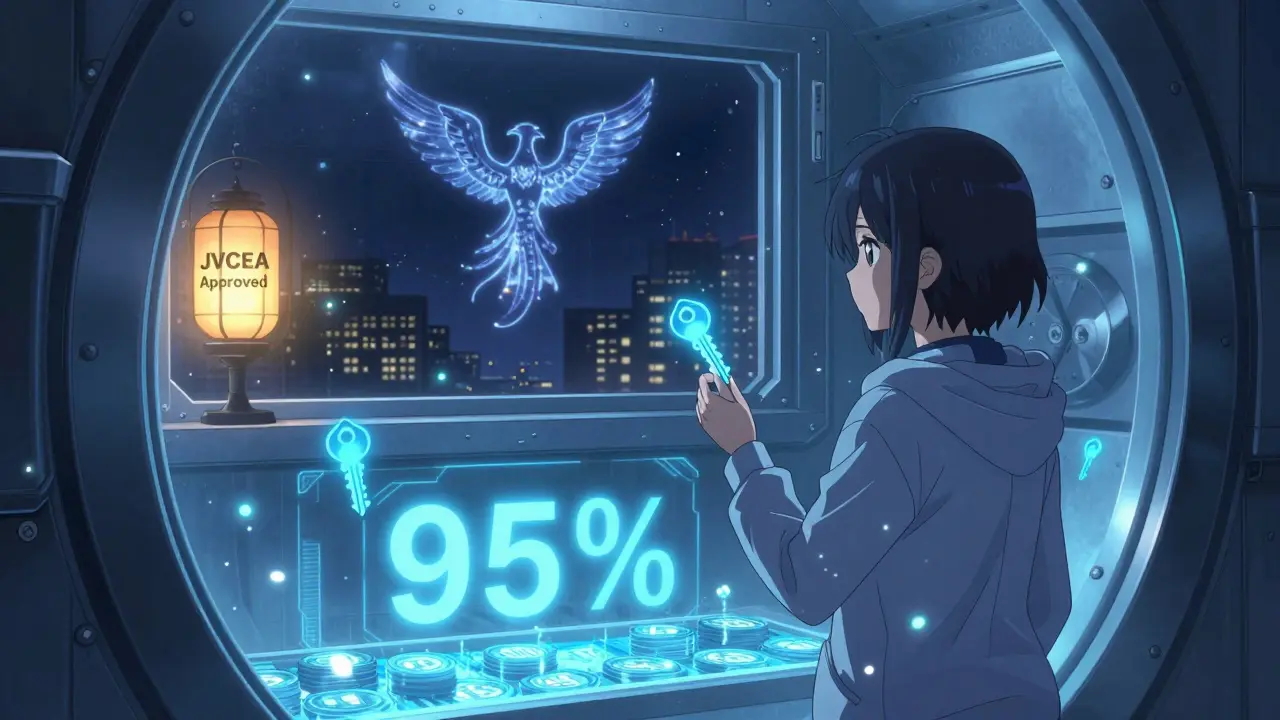 A technician in a hoodie watches glowing crypto keys float in a cold storage vault, symbolizing 95% offline security.