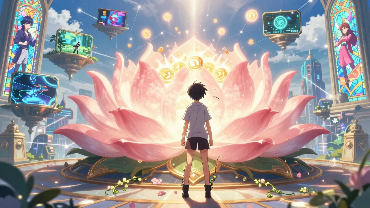 A teen activates a lotus-shaped Master Node, releasing tokens into a sky filled with floating game worlds.