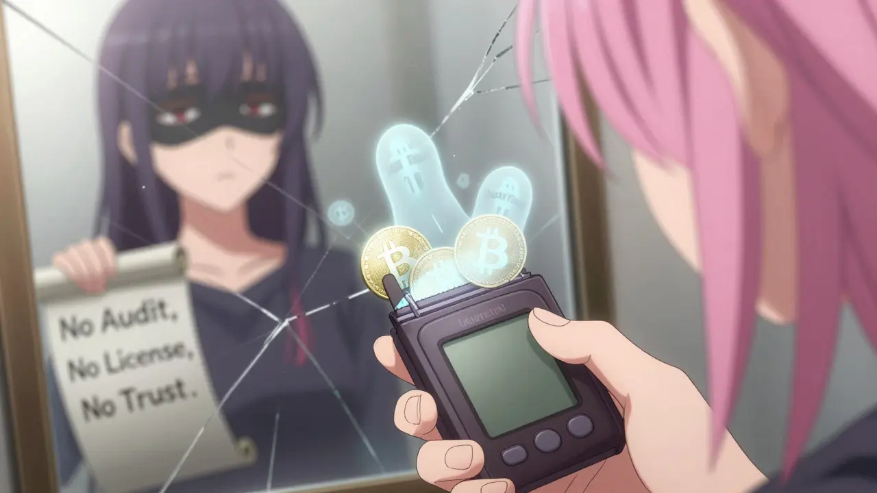 A trembling hand holds a flickering wallet, reflected in a mirror showing a masked figure representing fraud.