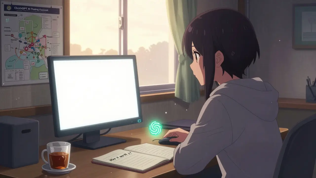 Alone at dawn, a girl stares at an empty screen beside a glowing $CGPT token and a roadmap for AI tools.