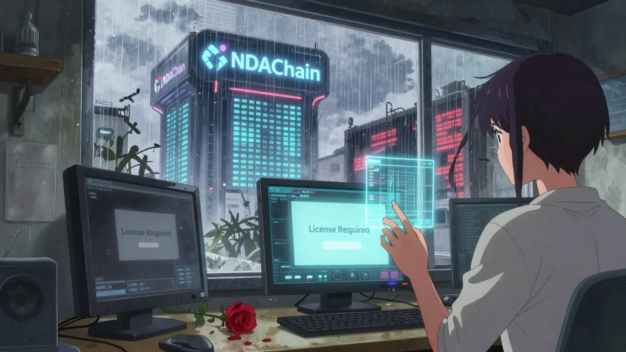 An abandoned crypto shop with a red rose on a keyboard,窗外透出NDAChain建筑的光芒。