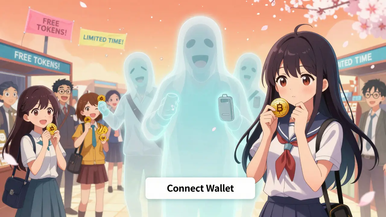 Anime characters celebrate fake 1DOGE tokens while a hesitant girl faces a 'Connect Wallet' button, ghostly victims fading behind.