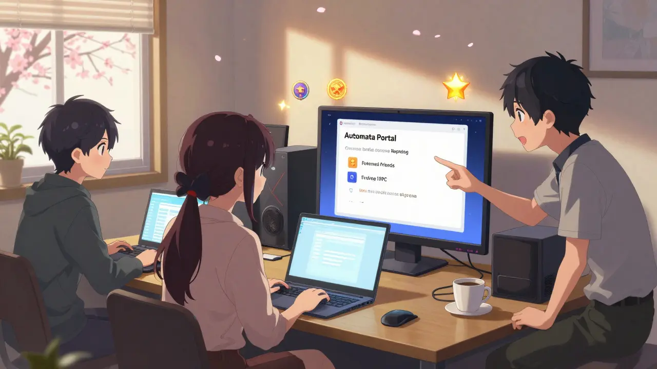 Anime characters collaborating on laptops in a cozy Discord room with glowing tasks.