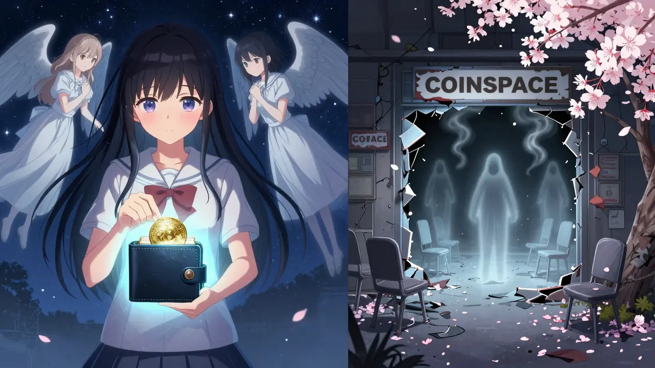 Contrast between safe hardware wallet storage and a crumbling scam platform with vanishing users.