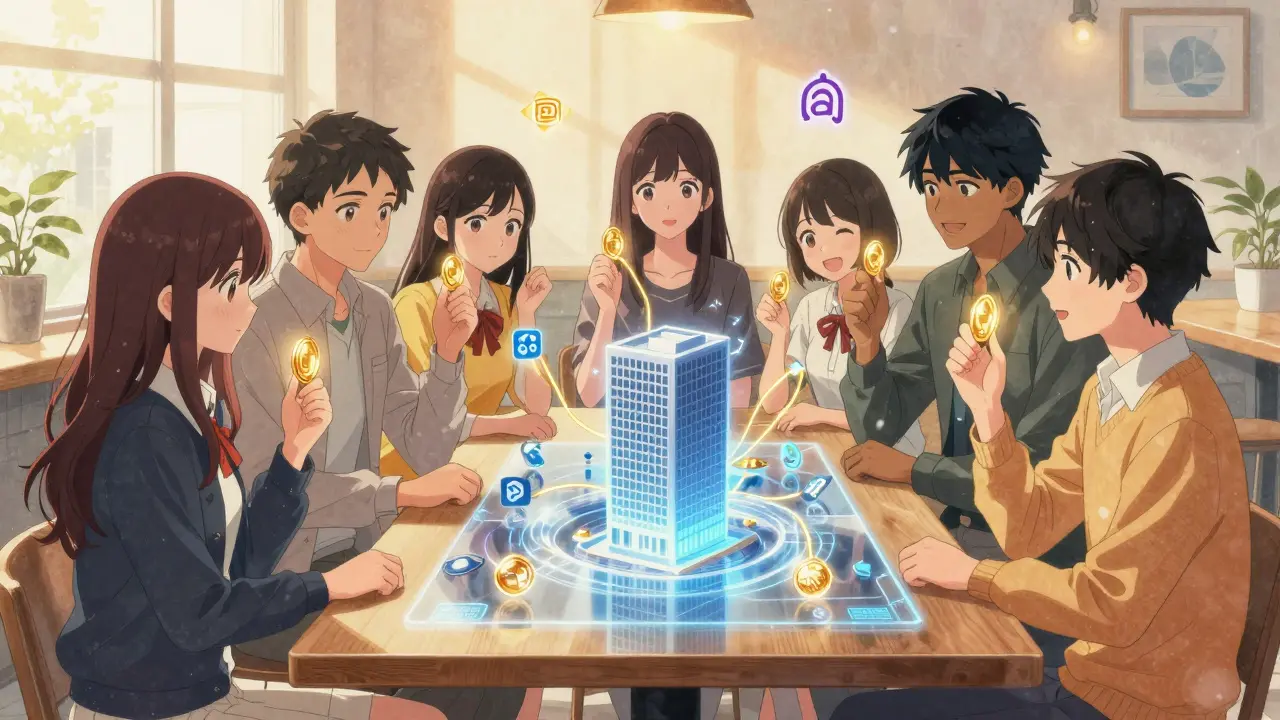 Diverse young investors connect via glowing tokens to a shared digital building structure in a sunlit café.