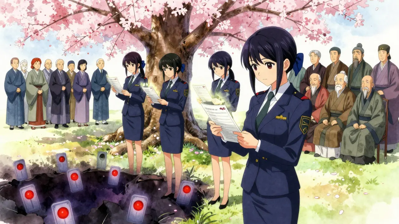 Female compliance officers review token applications under a cherry blossom tree, with rejected tokens vanishing into shadows.