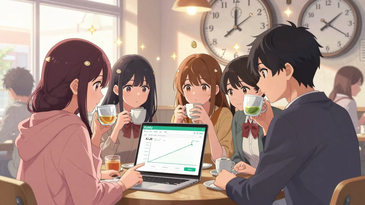 Friends in a café review a tax app, tiny airdrop values floating as sparkles above their heads under soft sunlight.