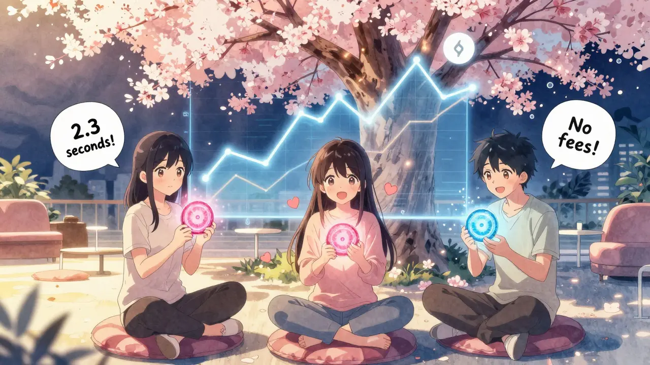 Friends relaxing beside a glowing liquidity pool graph that blooms like a cherry tree with price-range flowers.