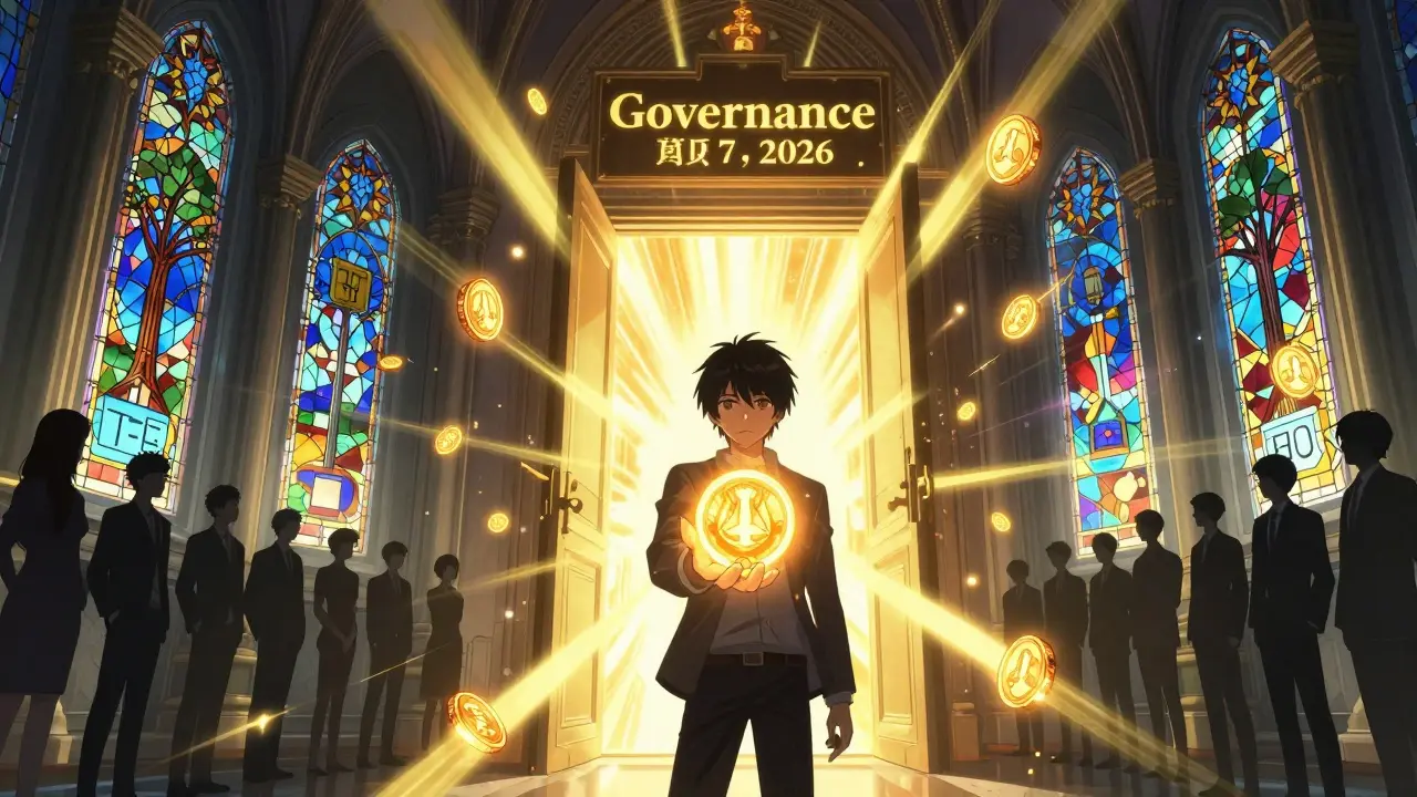 Protagonist opening a governance door in a blockchain temple as ATA tokens glow brightly.