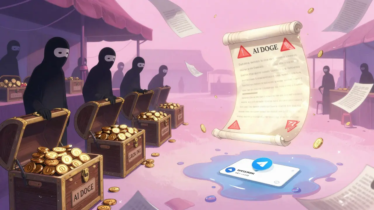 Shadowy figures sell empty chests spilling zeros in a dreamlike marketplace of fake crypto tokens.