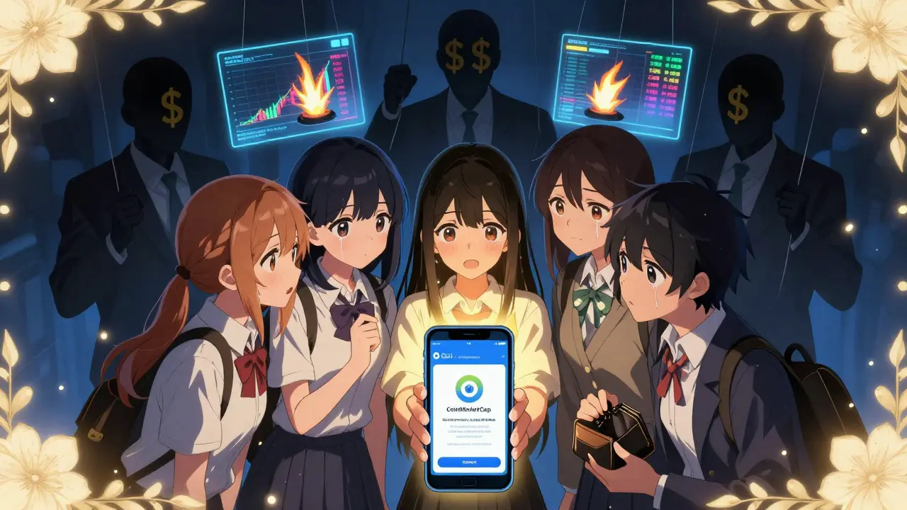 Teens deceived by a fake CoinMarketCap airdrop, shadowy figures pulling strings behind them.