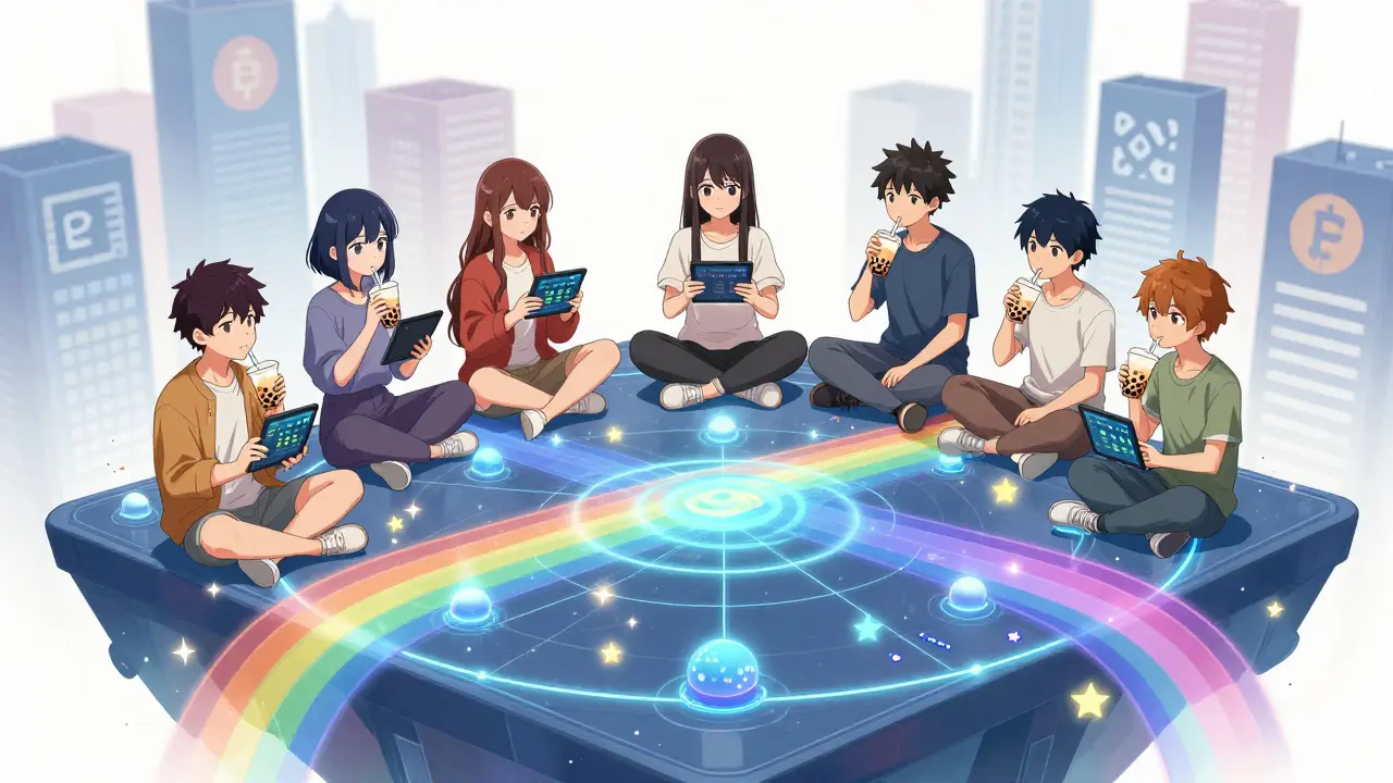 Teens on a floating platform monitoring crypto yields, surrounded by rainbow liquidity bridges and sparkling wallets.