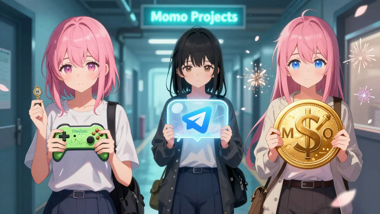 Three anime characters represent different Momo projects while a girl holds a dull KEY token, symbolizing confusion among similar names.