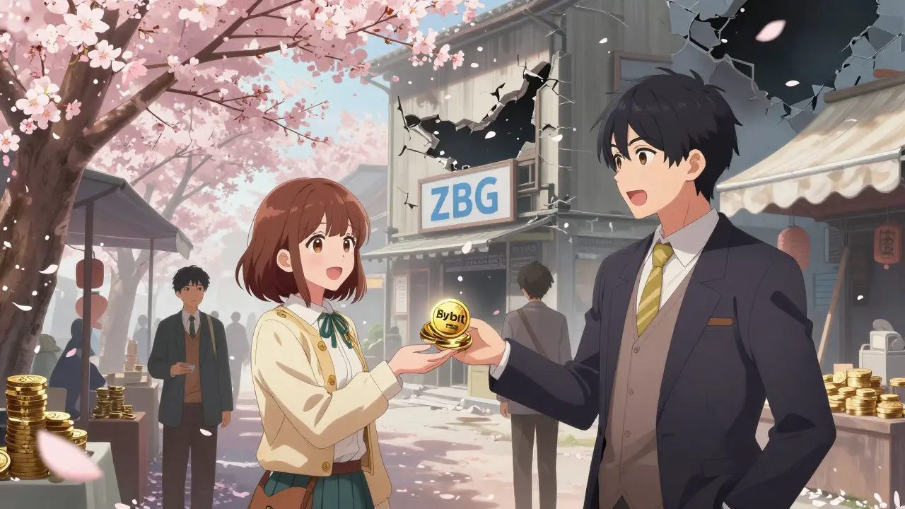 Traders exchange coins safely under cherry blossoms while a crumbling ZBG building fades into darkness.