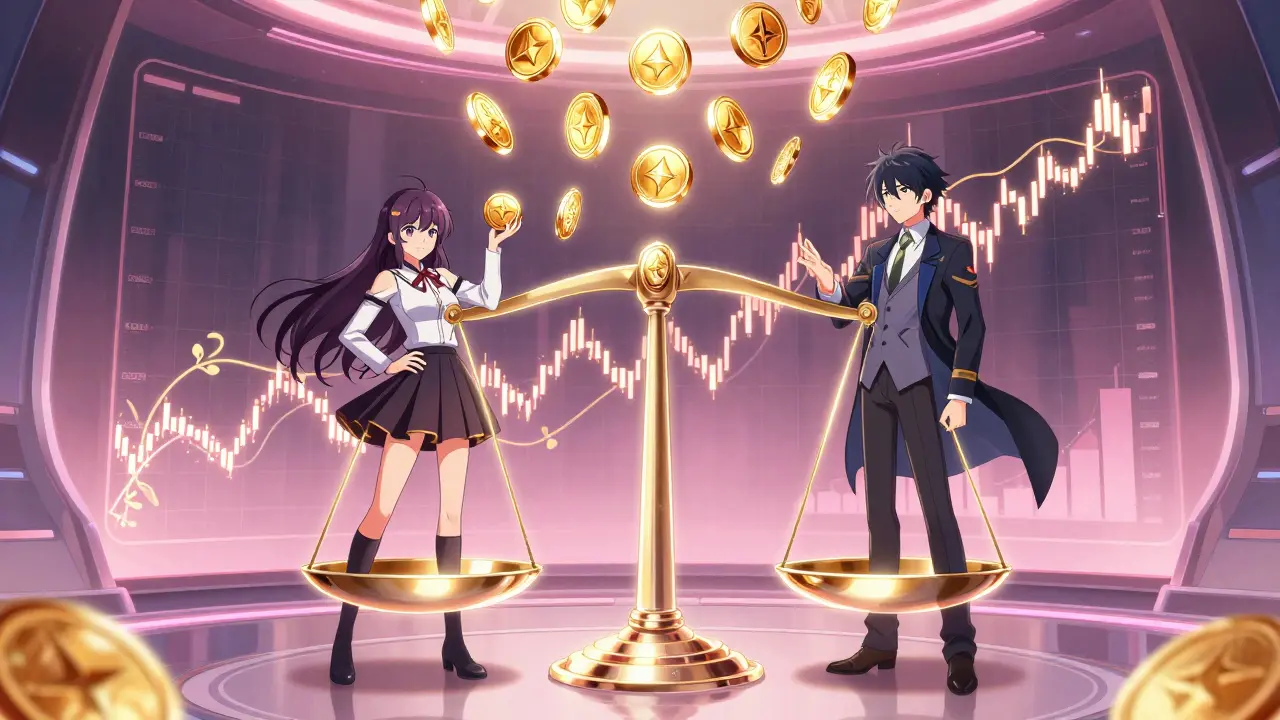 Two characters standing on a balance scale with reward tokens raining down, price graphs turning into vines behind them.