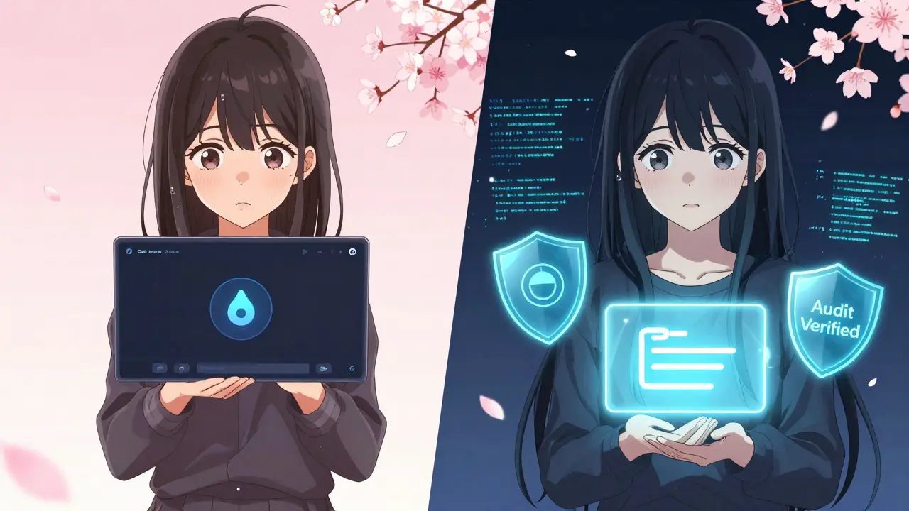 Two contrasting scenes: one teen nervously depositing crypto, another calmly using a smart contract with safety symbols.