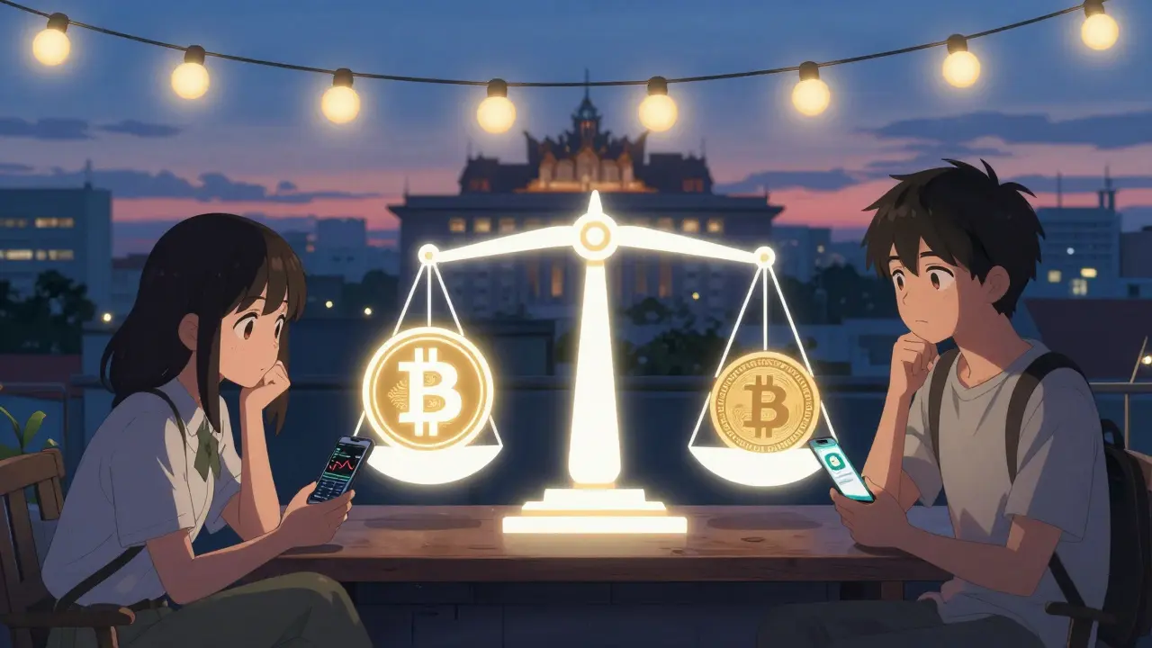 Two friends on a rooftop discussing crypto and Bakong, with a symbolic scale balancing Bitcoin and the Cambodian riel.