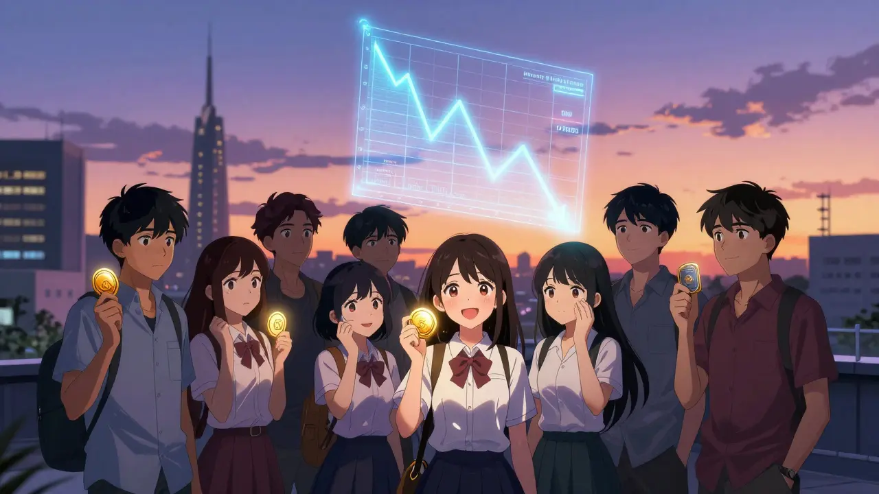 Youth on a rooftop hold new compliant tokens as a holographic chart drops, dawn light breaking behind them.