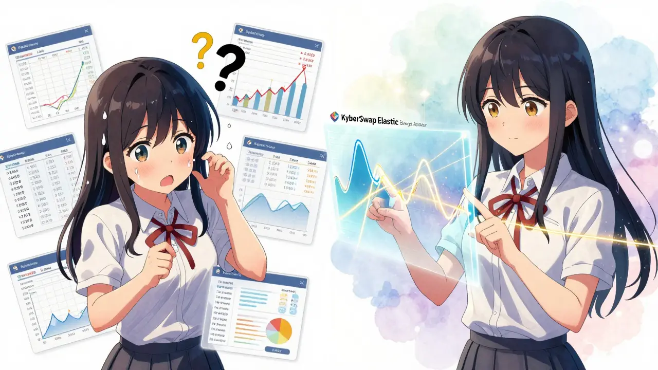 A beginner struggles with a confusing interface while an expert calmly sets optimal price ranges using a holographic advisor.