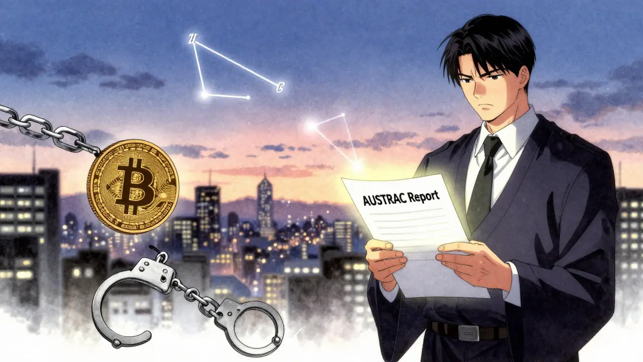 A Bitcoin coin turning into handcuffs as it connects to a regulator holding an AUSTRAC report, with transaction hashes forming a night sky.