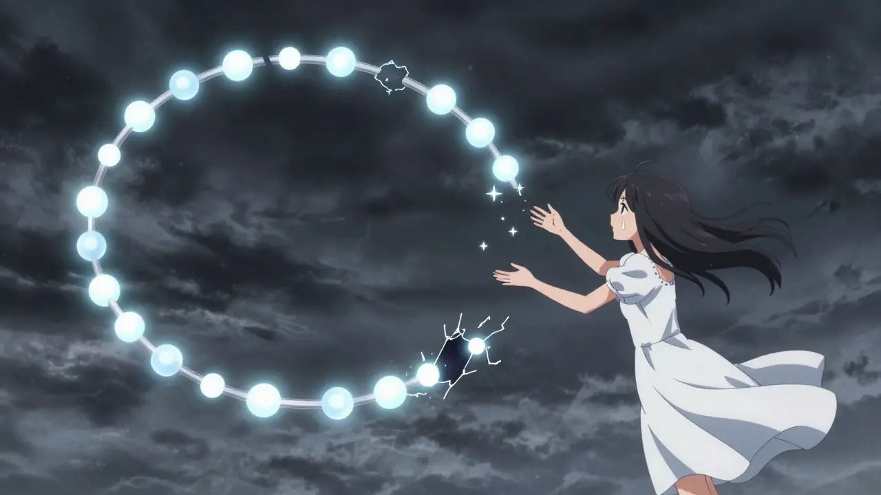 A broken ring of nodes in a digital storm, with a girl rebuilding it using floating data-stars.