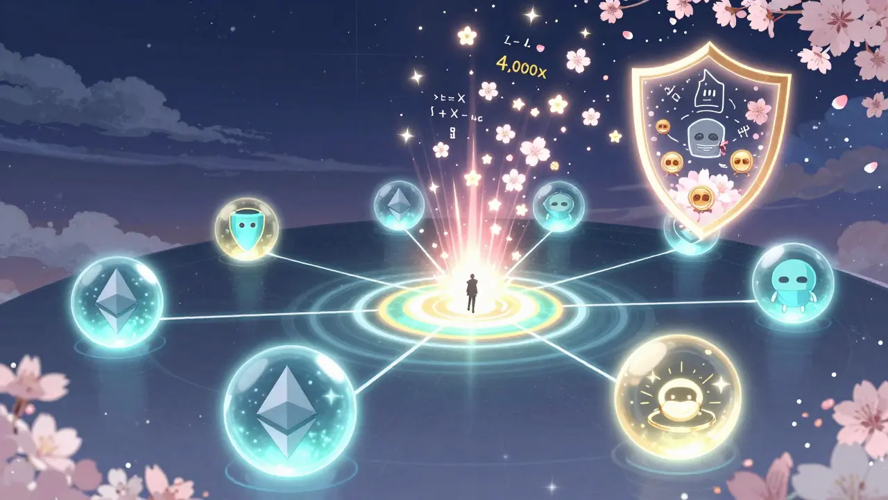 A celestial bridge connects blockchains to an Avalanche core, with efficiency symbols and protective blossoms shielding against bots.