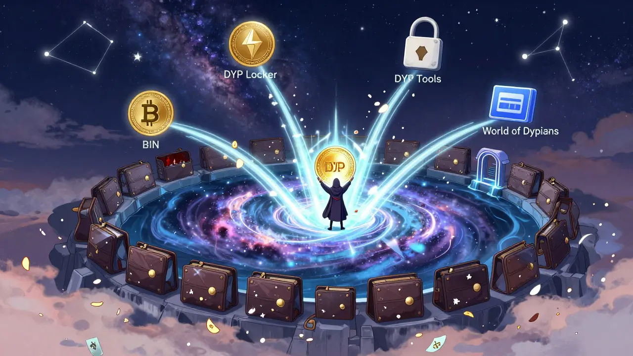 A celestial nebula shaped like a mining pool, with DYP token as a radiant orb connecting tools and metaverse gates, code petals falling like snow, shoujo manga style.