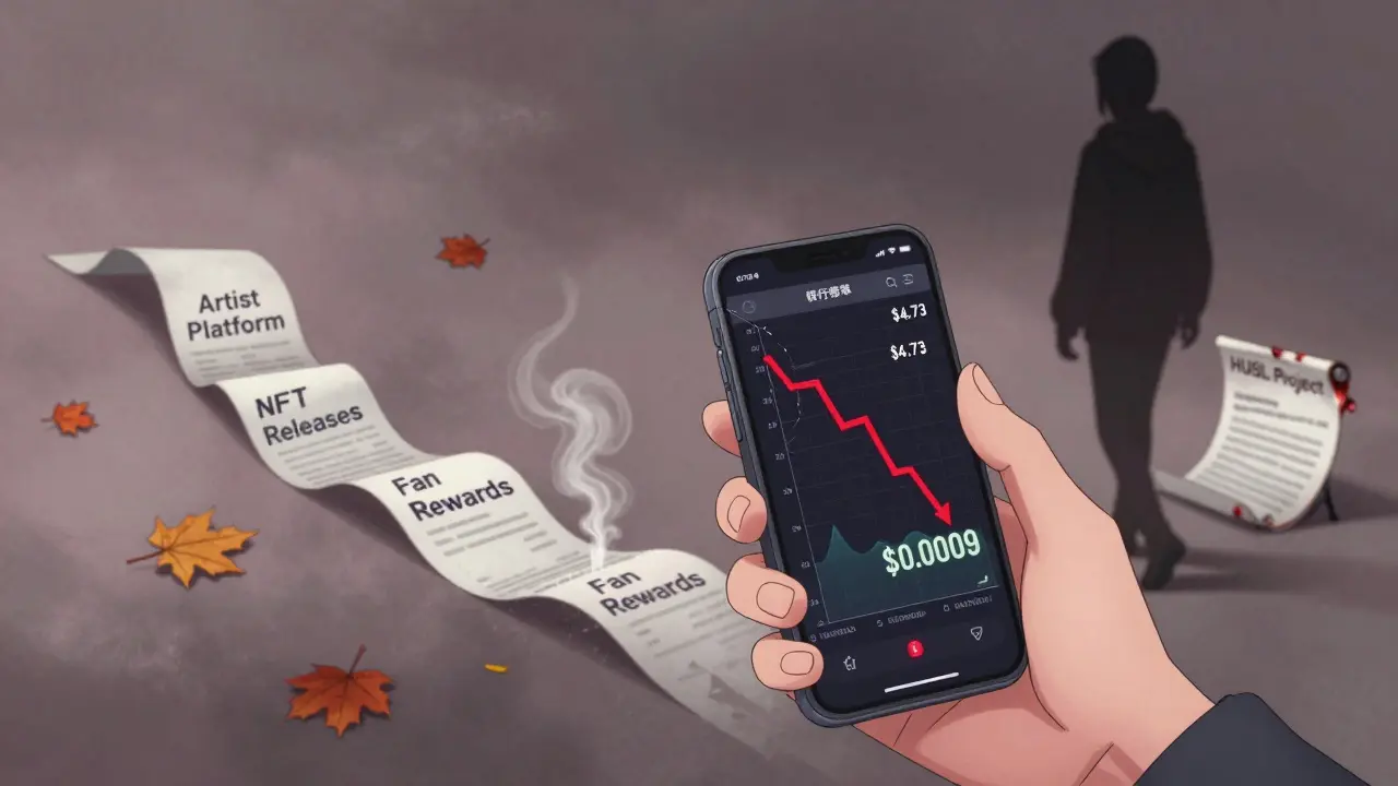 A crumbling roadmap and falling crypto chart symbolize the abandoned HUSL project.