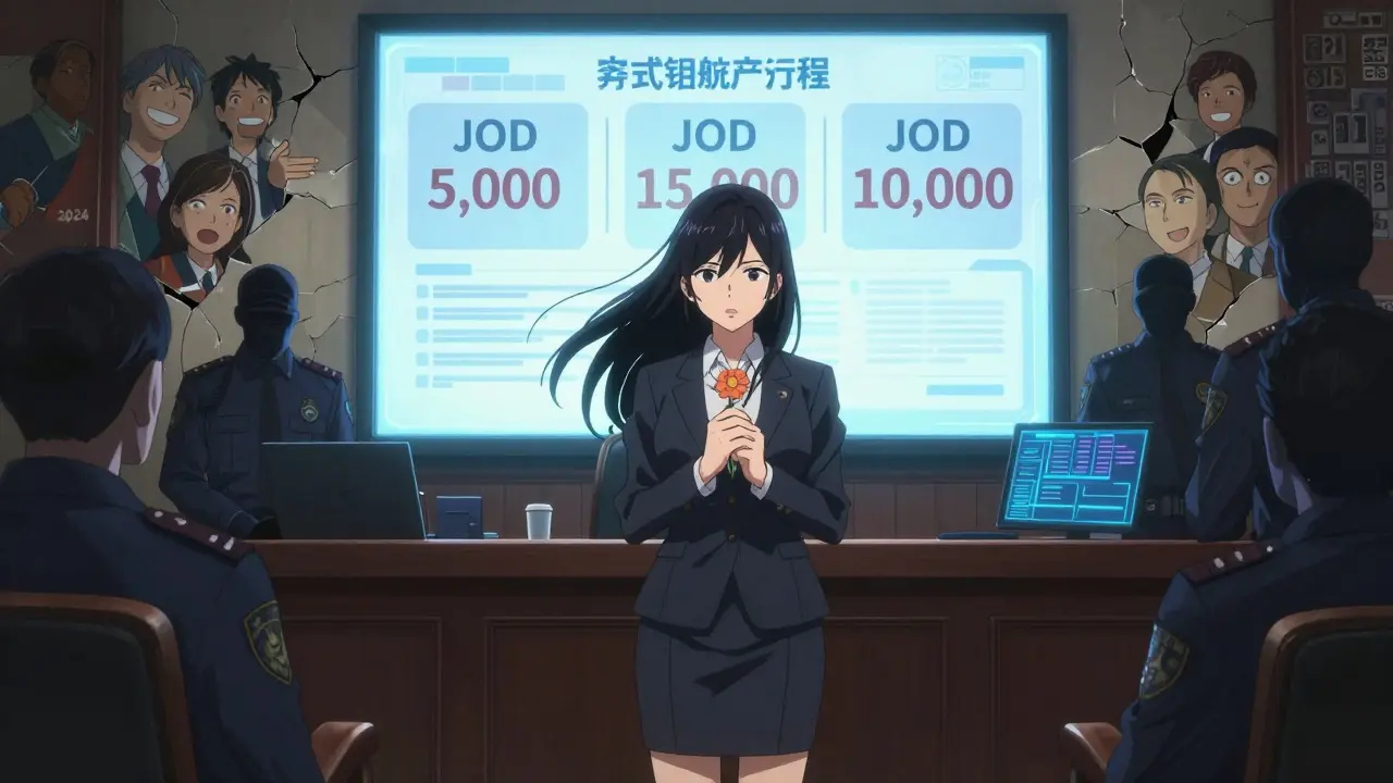 A female entrepreneur faces a holographic licensing cost display in a dramatic courtroom scene with glowing compliance elements.