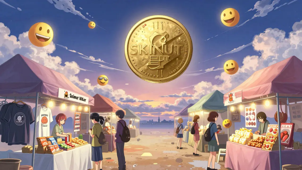 A floating sky marketplace selling SKINUT merch under a twilight sky, with only three people and a lone spinning token casting a faint glow.