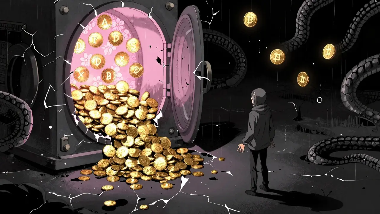A fractured vault spilling coins into darkness, while privacy coins remain safe in a flower-encrusted vault nearby.