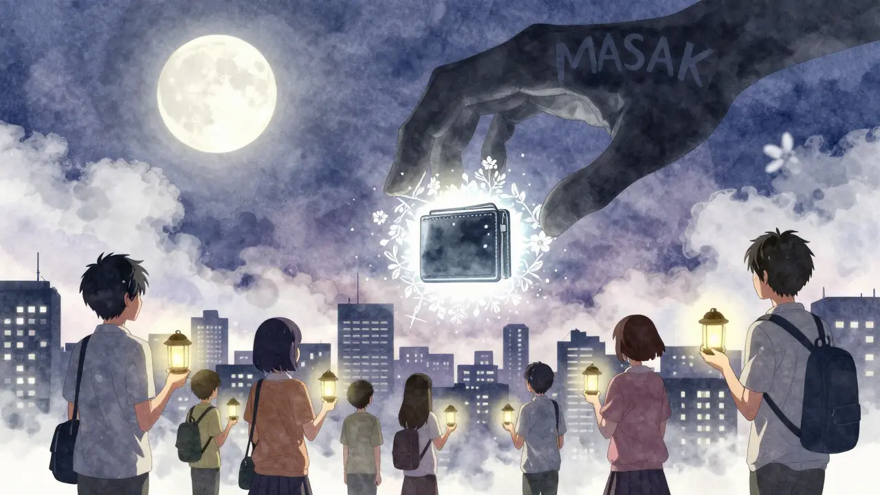 A giant hand freezes a crypto wallet as citizens hold up their own wallets like lanterns.