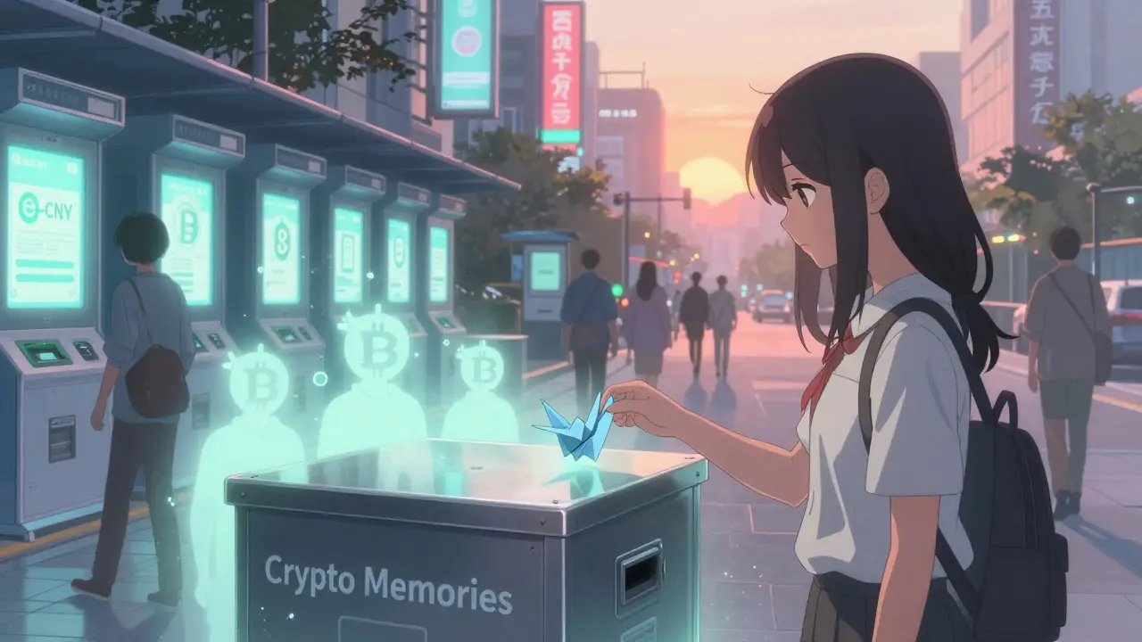 A girl places a paper crane into a box labeled 'Crypto Memories' as digital yuan billboards glow in the city.